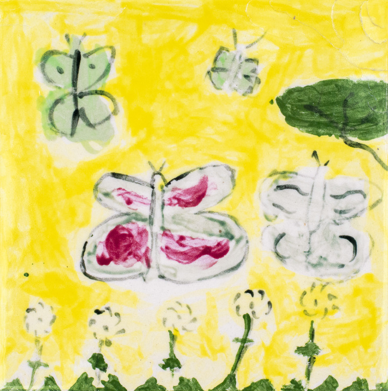 Painting of five green flowers with three green butterflies and one red butterfly flying above against yellow background.