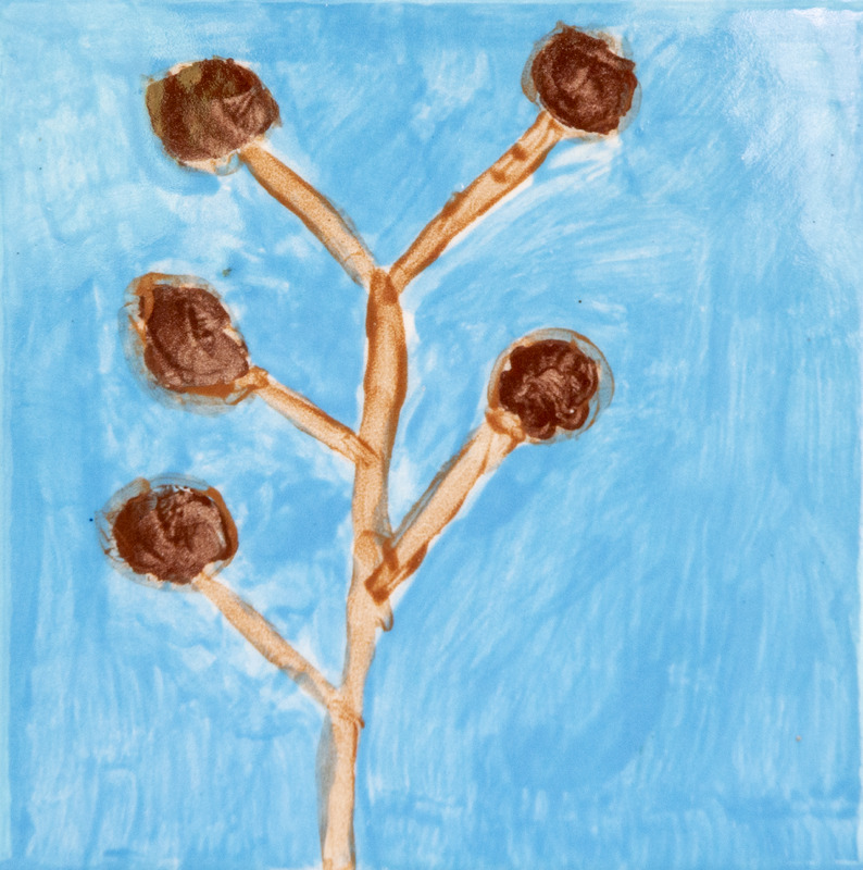 Painting of a tan tree branch with several round brown seed pods against a blue background.