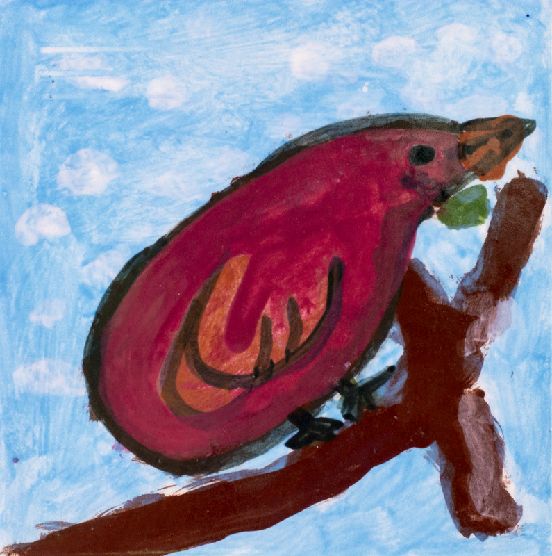 Painting of large red bird sitting on branch against blue snowy background.