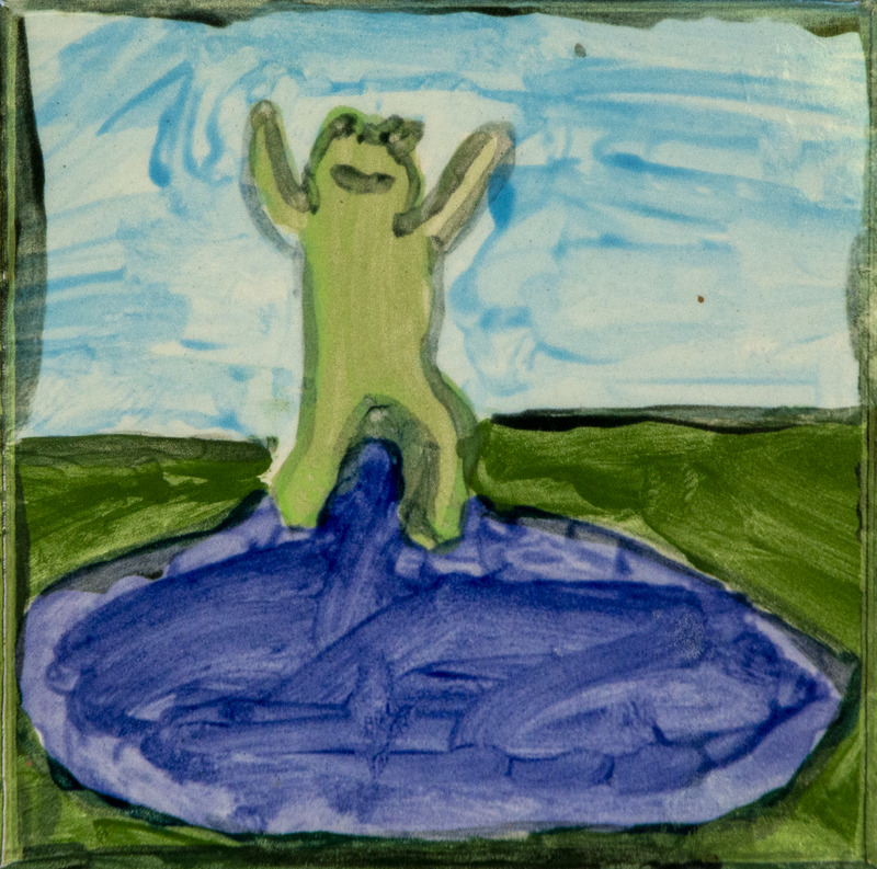 Painting of a green frog standing upright with its arms raised, emerging from a blue pond surrounded by green grass under a blue sky.