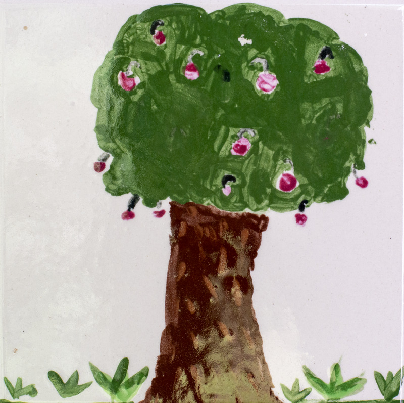 Painting of a leafy cherry tree with red cherries growing.