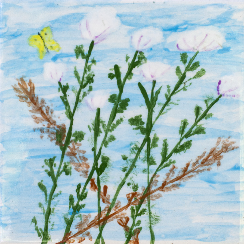 Painting of green-stemmed plants with purple flowers and brown-stemmed plants with a yellow butterfly against blue background.