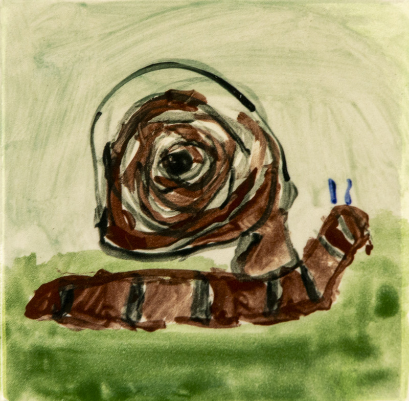 Painting of a brown snail with a large spiral shell and two blue eye stalks, crawling on green grass.