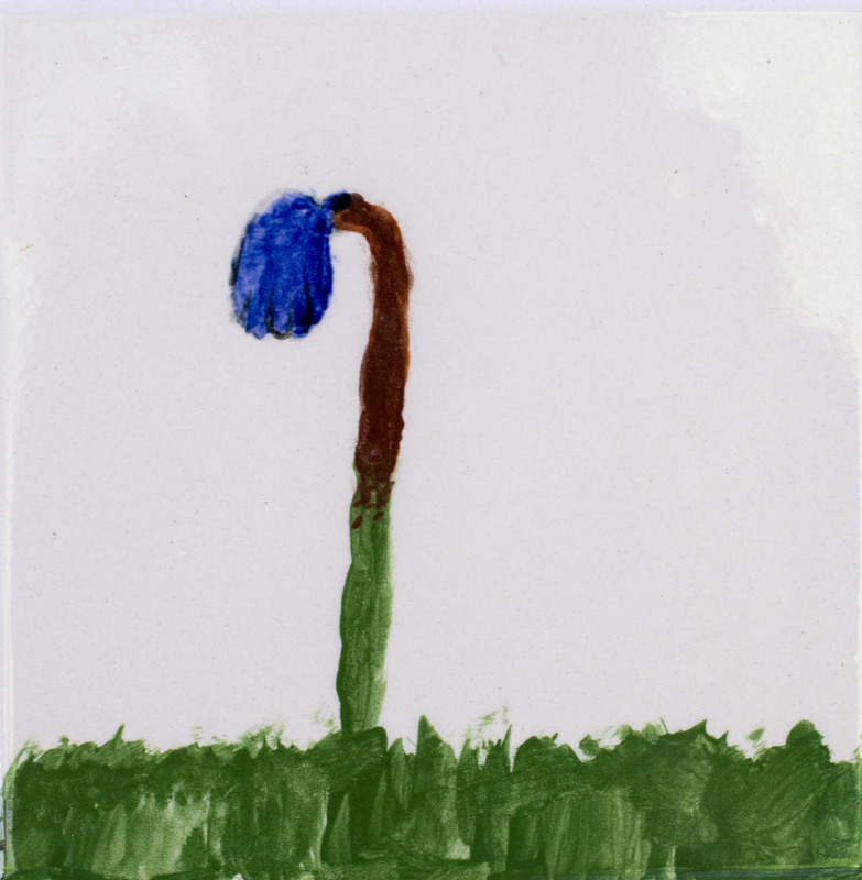 Painting of blue drooping flower in grass with white background.