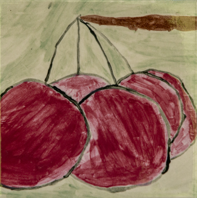 Painting of large red berries hanging from thin stems attached to a brown branch.