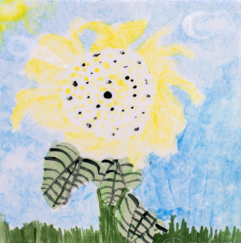 Painting of a yellow sunflower with a spotted center, green leaves, and grass under a light blue sky.