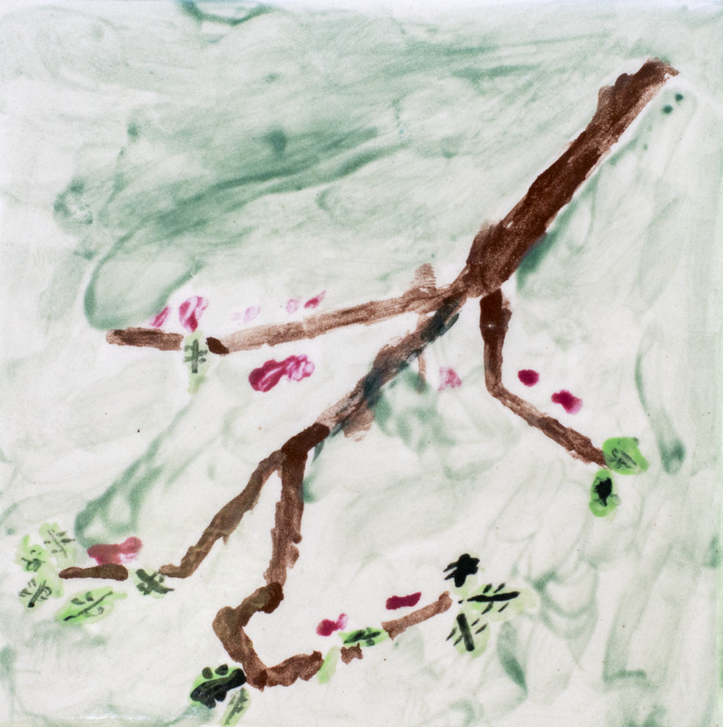 Painting of branch with small leaves and red berries against green background.