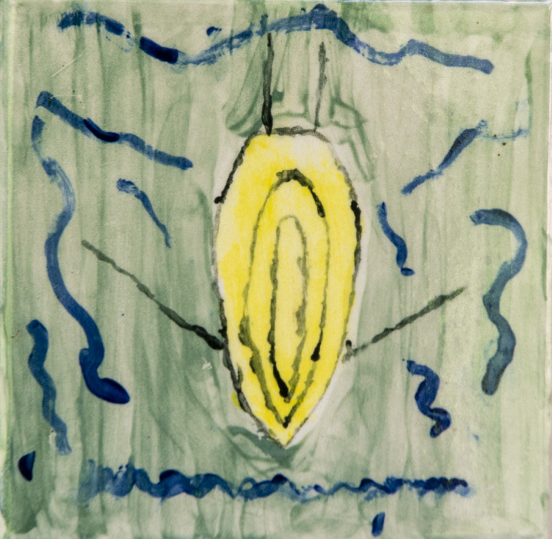 Painting of a yellow backswimmer insect, floating in water.