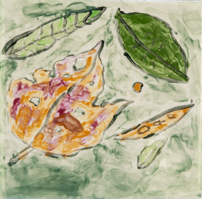 Painting of several leaves scattered on a pale green background, including a large orange-and-brown autumn leaf and multiple green leaves of different shapes.