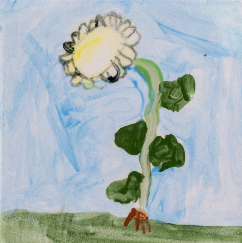 Painting of a sunflower on grass with a blue background.