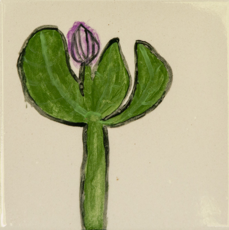 Painting of a green plant with three large leaves and a small purple bud on a stem.