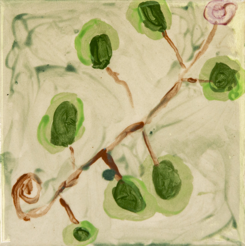 Painting of a brown branch with green leaves.