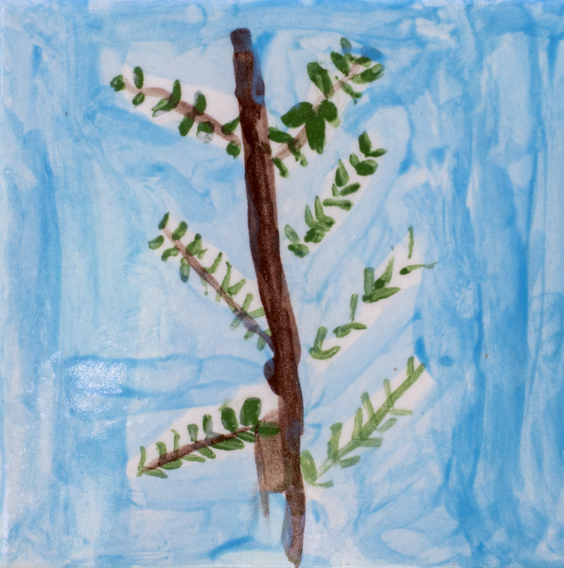 Painting of a pine branch with green needles growing from a brown trunk against a light blue sky background.