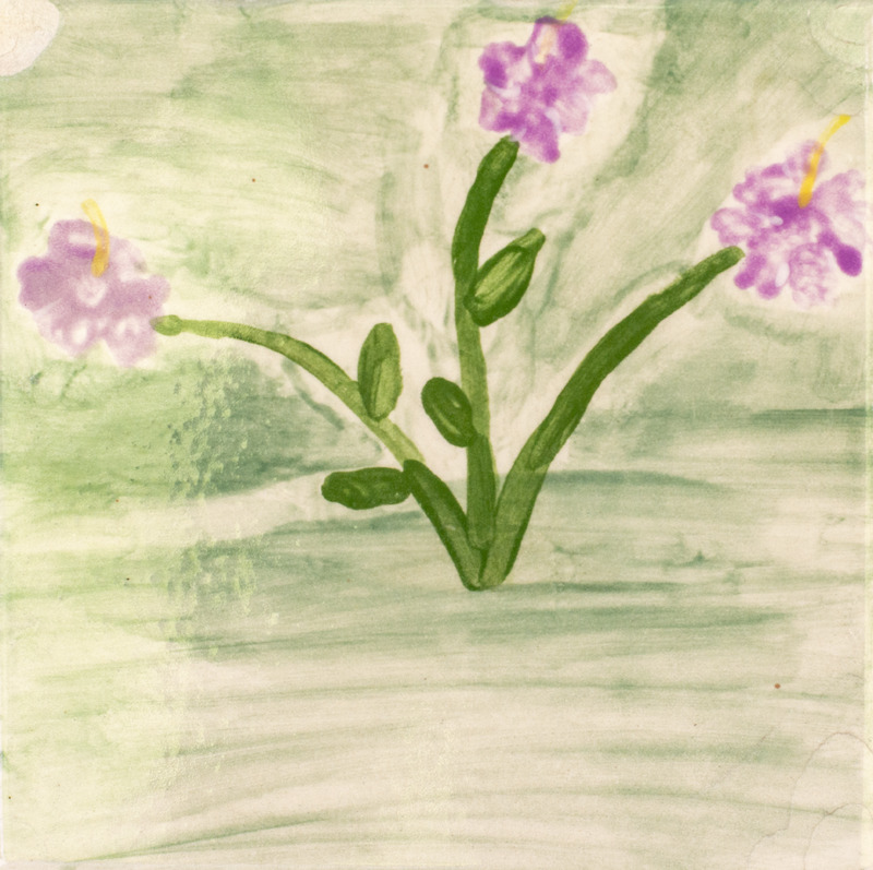 Painting of three pink flowers with green stems and leaves, growing in green grass.
