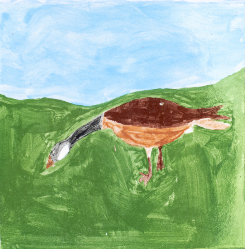 Painting of Canada Goose with head bent towards grass with blue sky.