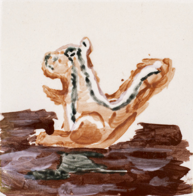 Painting of a brown eastern chipmunk with black and white stripes sitting on a brown log.