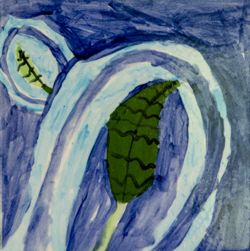 Painting of a green leaf floating in a blue pond, with rippling water rings surrounding the leaf.