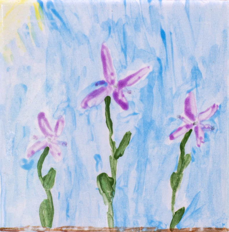 Painting of three purple flowers with green stems growing from the ground under a blue sky.