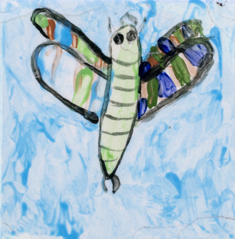 Painting of dragonfly with green, blue, and brown-striped wings flying against blue background.