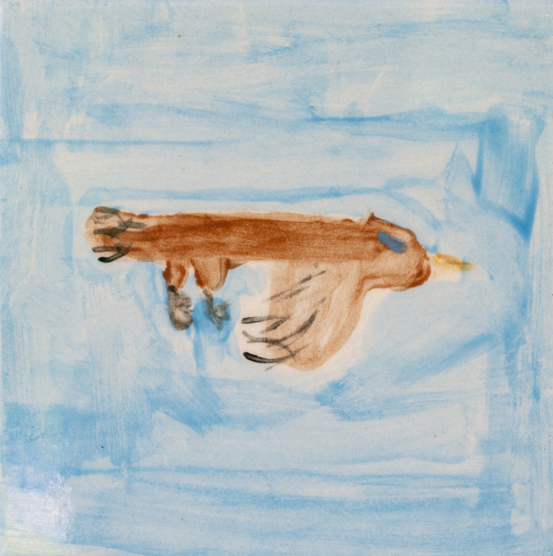 Painting of a brown bird flying in front of a blue sky.