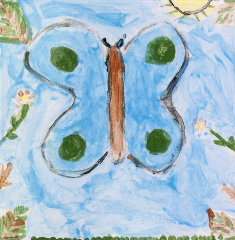 Painting of a blue butterfly flying over pink flowers. The butterfly is flying in front of a sunny, blue sky.