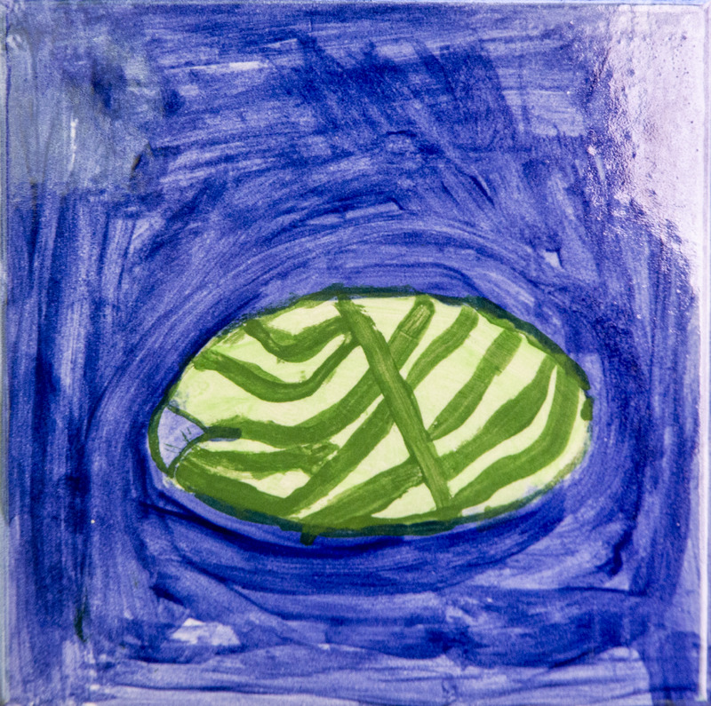 Painting of a lily pad with dark green stripes, floating on deep blue water.