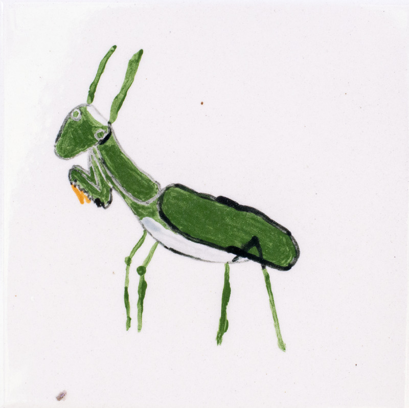 Painting of green praying mantis against white background.