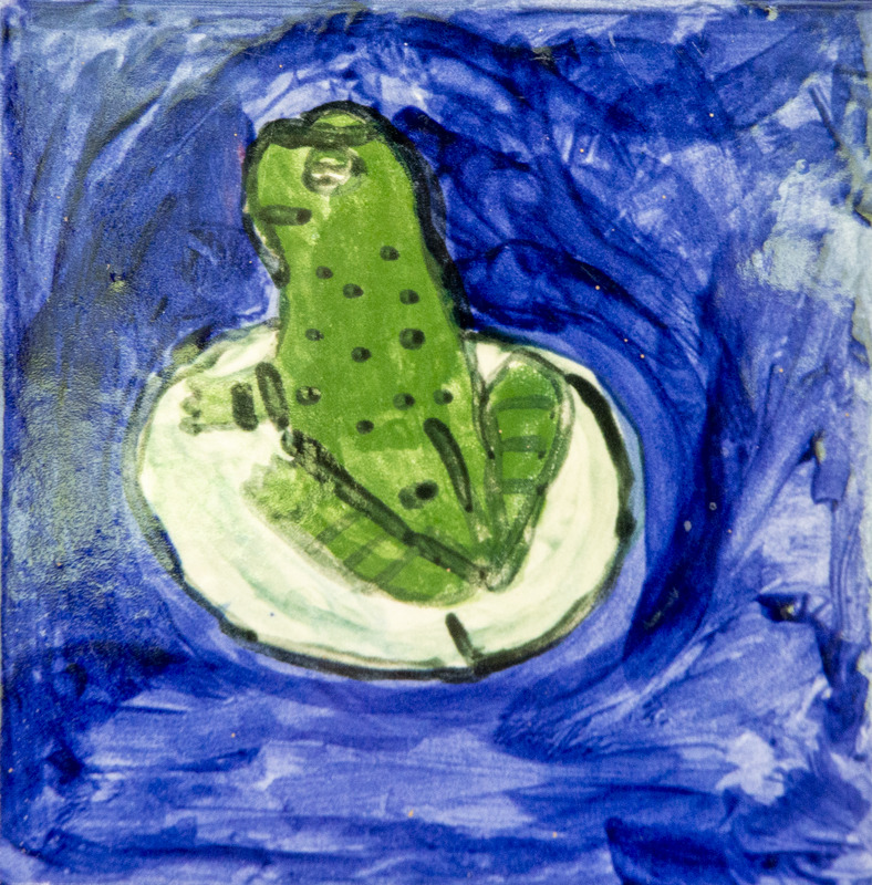 Painting of a green frog with black spots sitting on a white lily pad in deep blue water.
