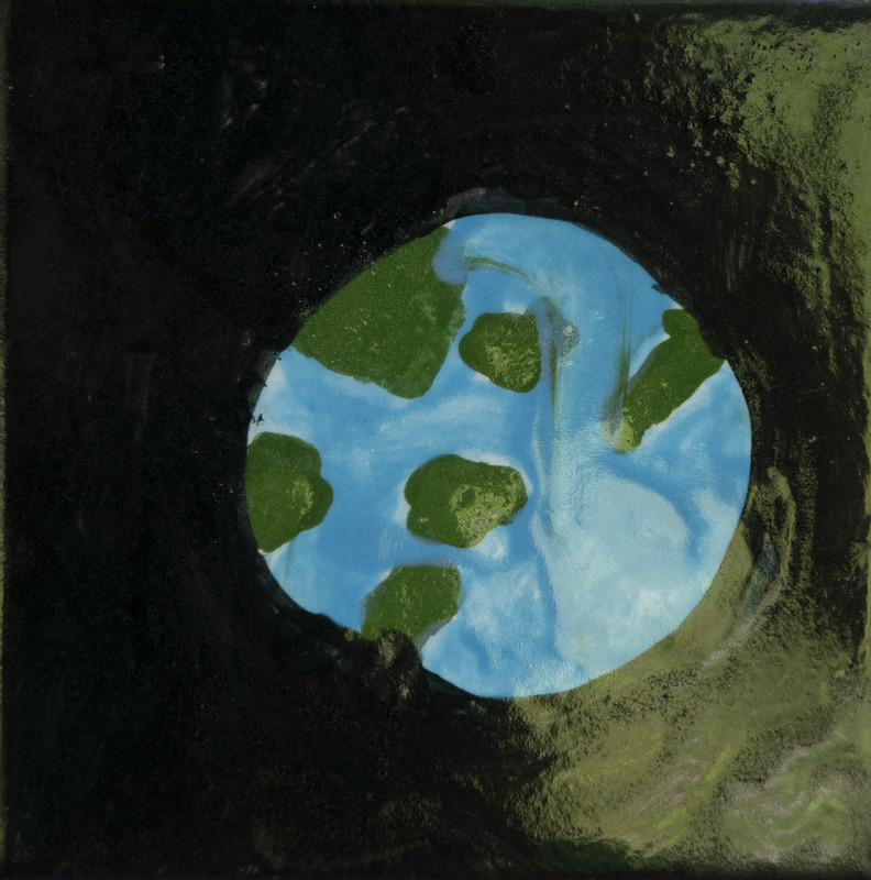 Painting of Earth seen from space, with blue oceans and green land shapes against a dark black background.