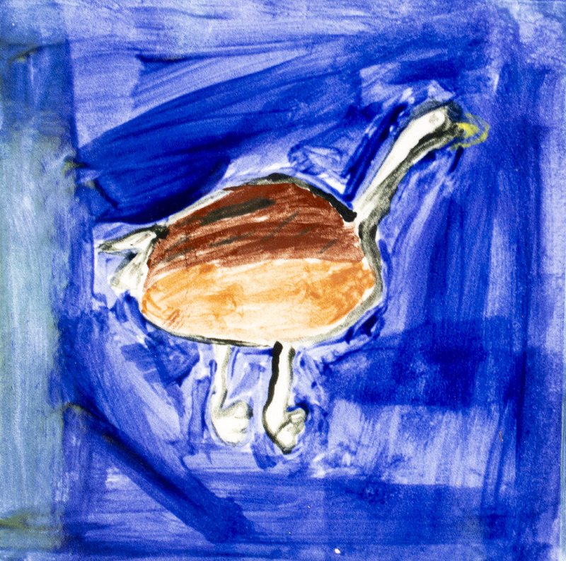 Painting of a goose with a long neck and brown body standing against a dark blue background.