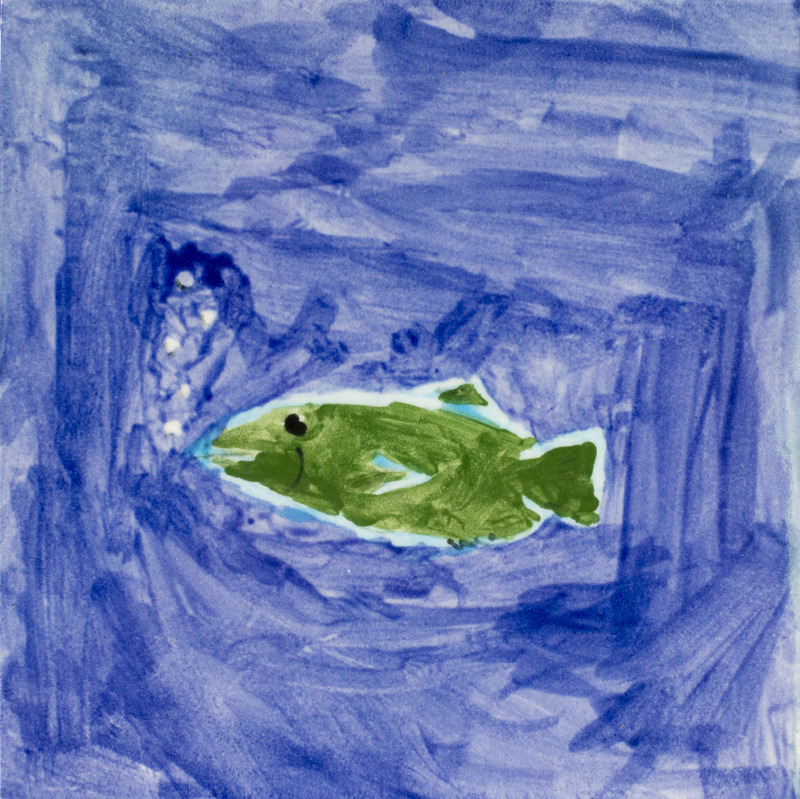 Painting of a green fish with white bubbles coming out of its mouth in front of a dark blue background.