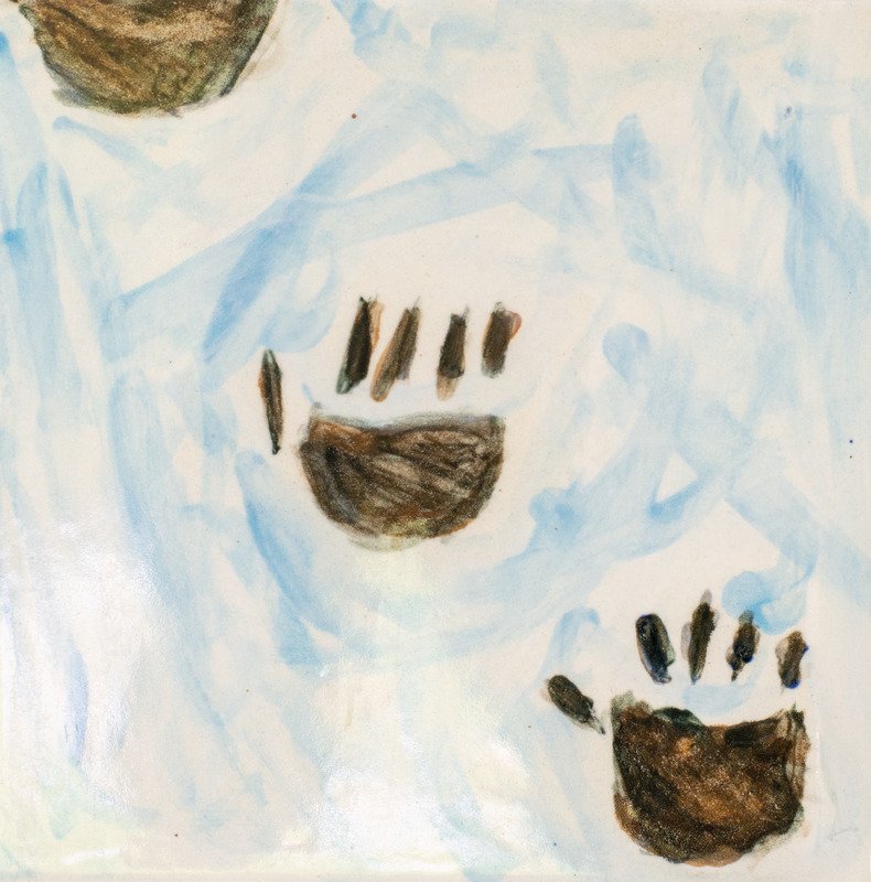 Painting of three animal tracks in white snow.