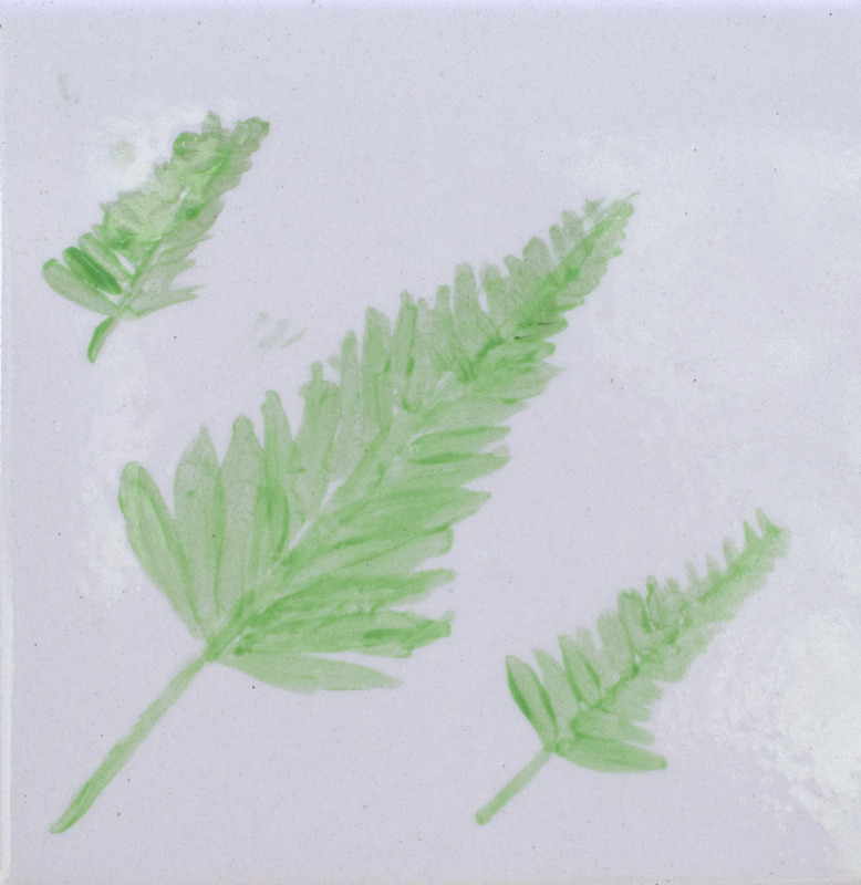 Painting of three fern leaves.