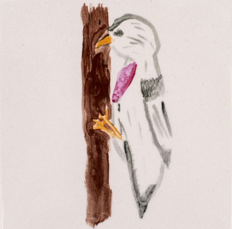 Painting of a woodpecker pecking a brown branch.