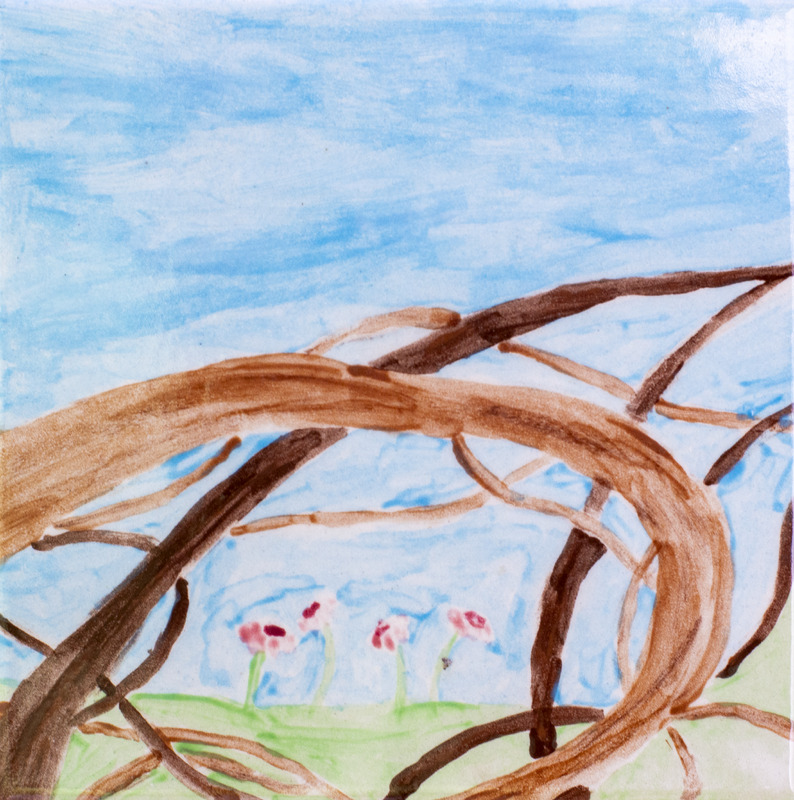 Painting of a spring scene with curved brown tree branches in the foreground and small pink flowers growing in green grass under a blue sky.