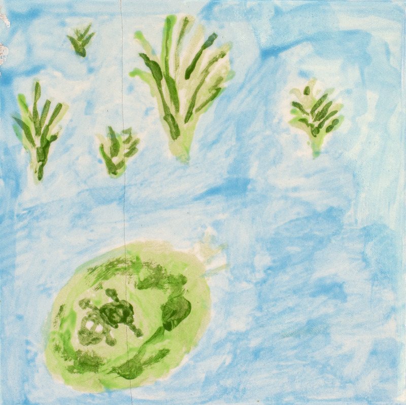 Painting of a green frog on a light green lilypad in water with various green plants.