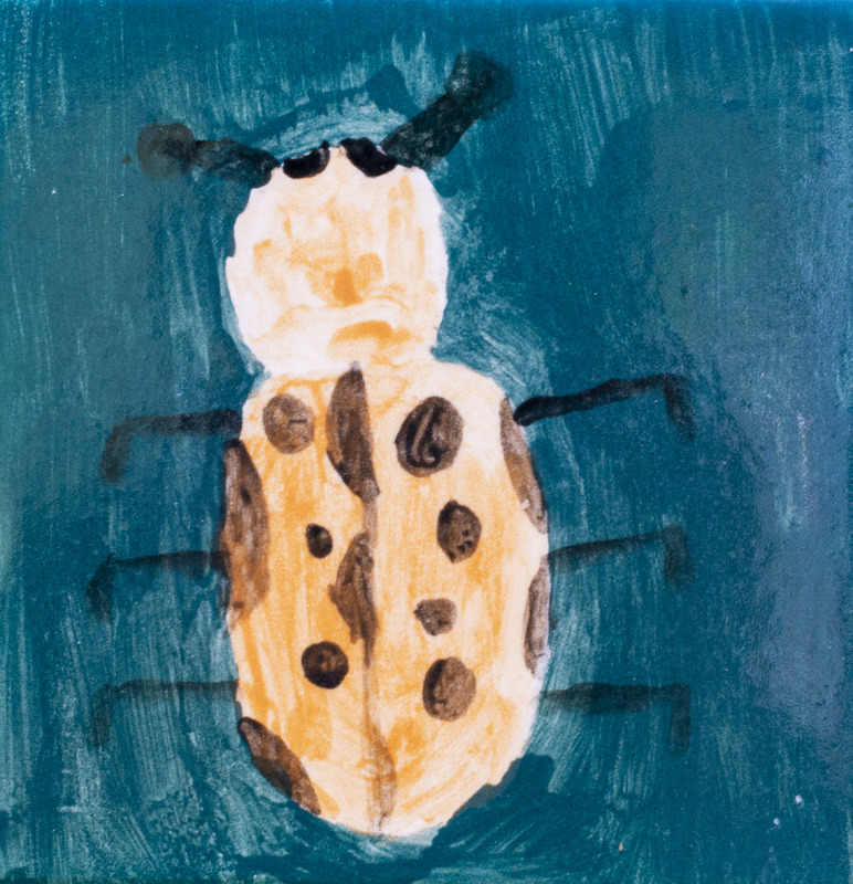 Painting of an orange ladybug against teal background.