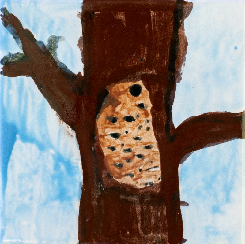 Painting of tree with light brown cavity against blue background.