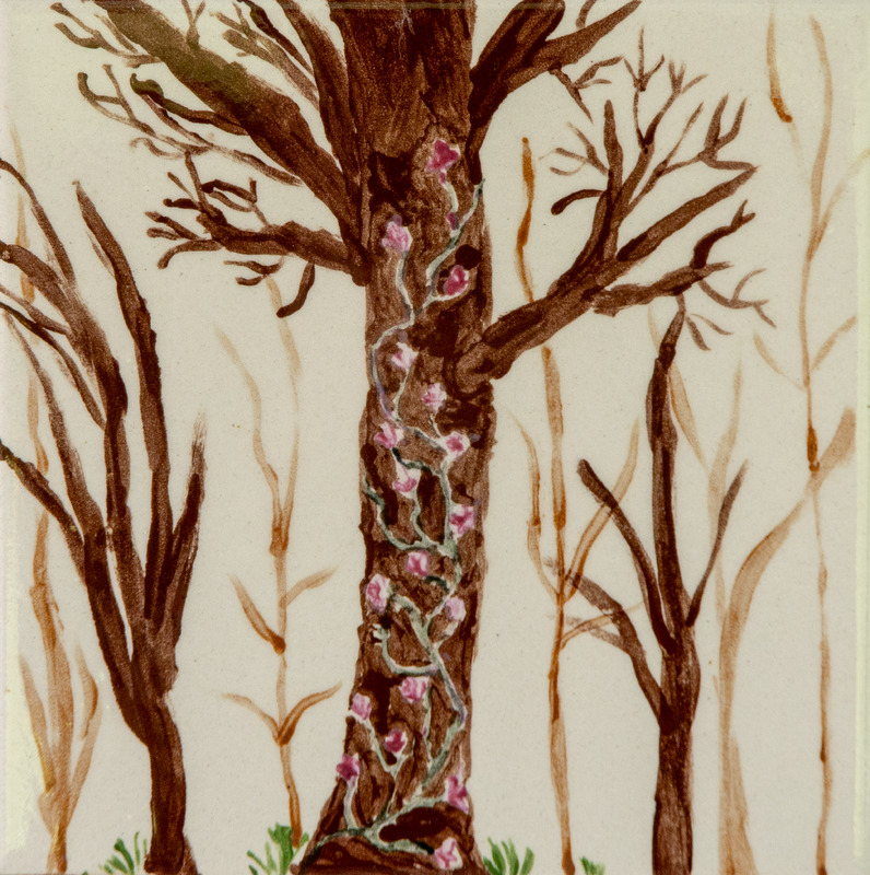 Painting of a tall brown tree with bare branches, wrapped in a winding vine with small pink flowers, surrounded by other trees.