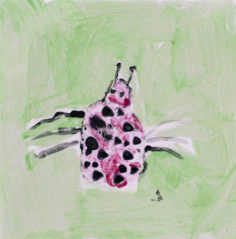 Painting of a ladybug with a green background.