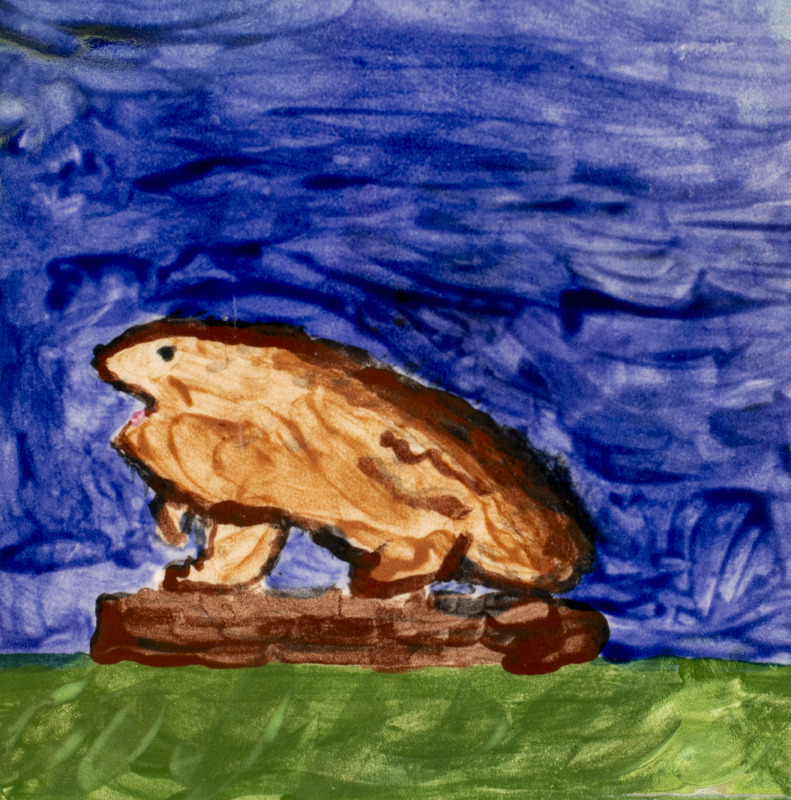 Painting of an orange frog in a brorwn log in the grass in front of a dark blue background.