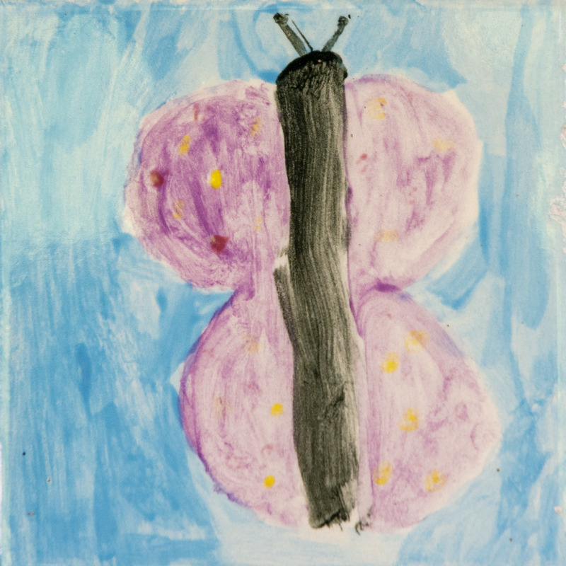 Painting of a butterfly with purple wings dotted in yellow and a long black body, against a blue background.