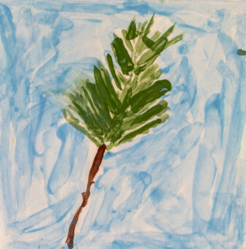Painting of a green pine bough with a brown stem over a blue background.