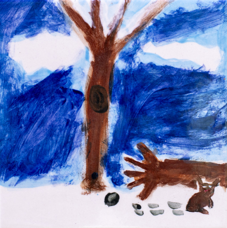 Painting of a brown tree with branches and with a small rabbit sitting near rocks on the ground.