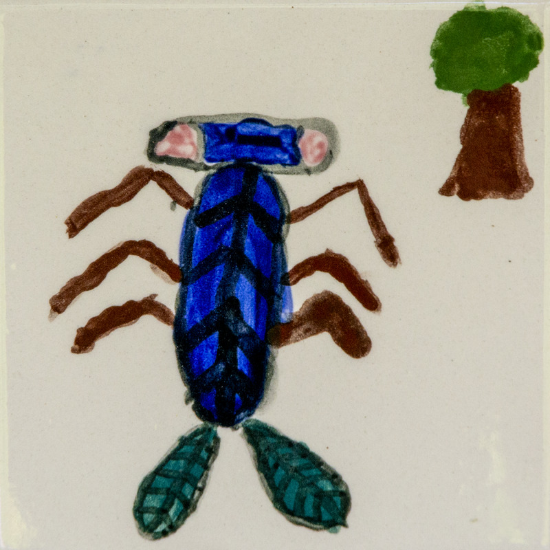 Painting of a large blue damselfly with long brown legs and green tails, shown on a light background with a small tree nearby.