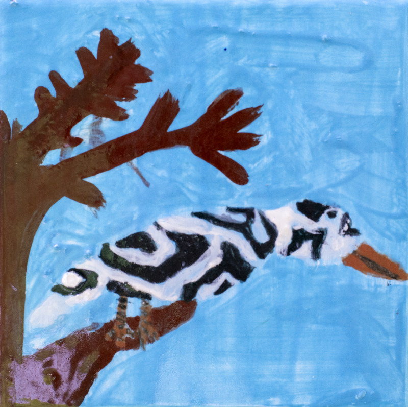 Painting of a black-and-white woodpecker with an orange beak perched on a tree branch against a blue sky.