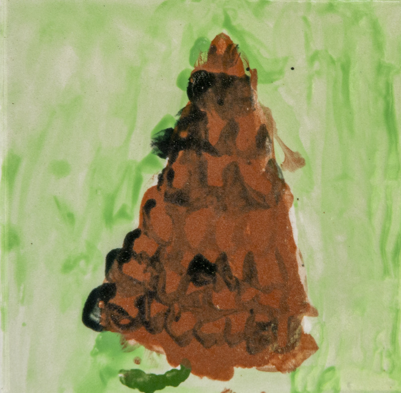 Painting of a brown pinecone with dark markings, set against a light green background.