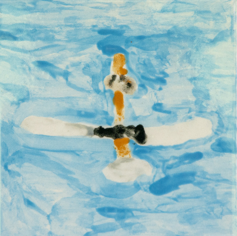Painting of a duck flying with wings spread wide, shown from above against a blue background.