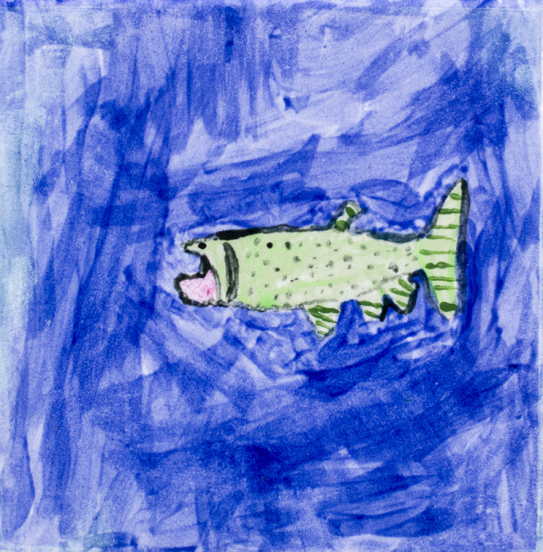 Painting of green trout with black spots and open pink mouth against blue background.