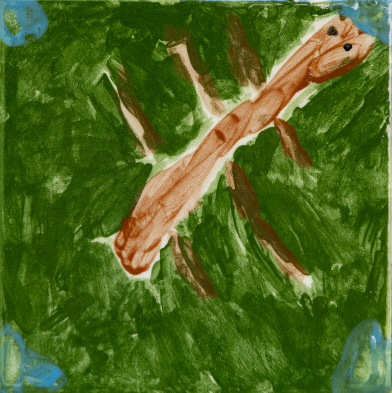 Painting of a brown bug with an elongated body and legs, set against a green background.